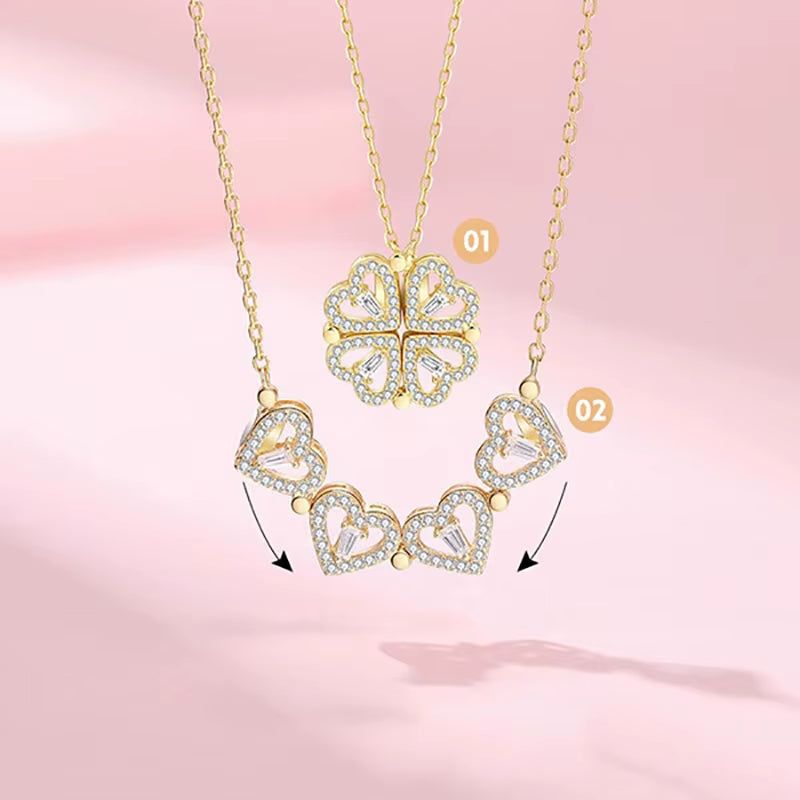 1Pc Heart Shaped Four Leaf Clover Pendant Necklace Jewelry Zircon Women Love Clavicle Chain Gifts Openable Chokerjewelry