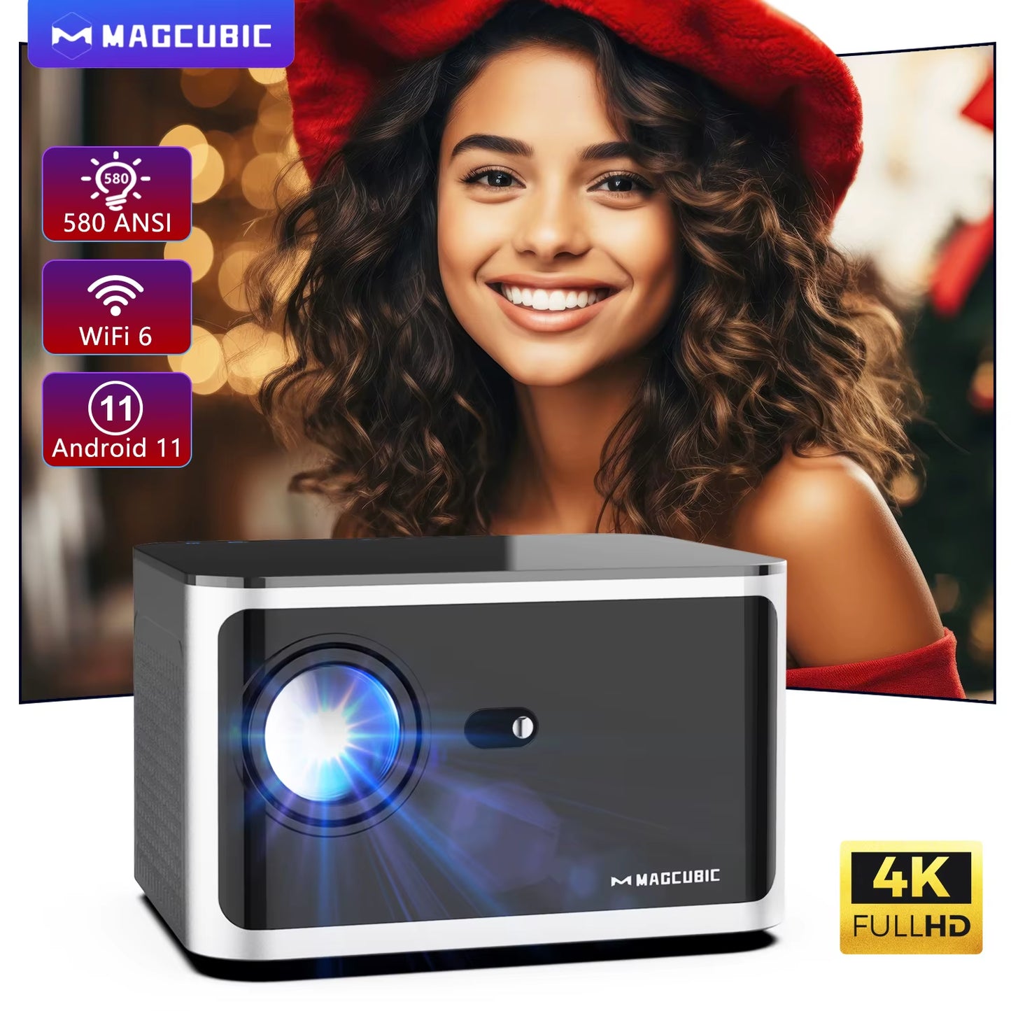 HY350 Pro 580 ANSI Lumens 4K Projector with Android 11, WiFi 6, Voice Control, Allwinner H713, and Bluetooth 5.0 for Home Cinema