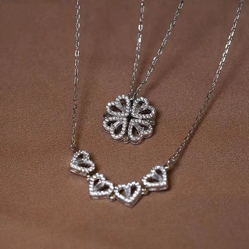 1Pc Heart Shaped Four Leaf Clover Pendant Necklace Jewelry Zircon Women Love Clavicle Chain Gifts Openable Chokerjewelry