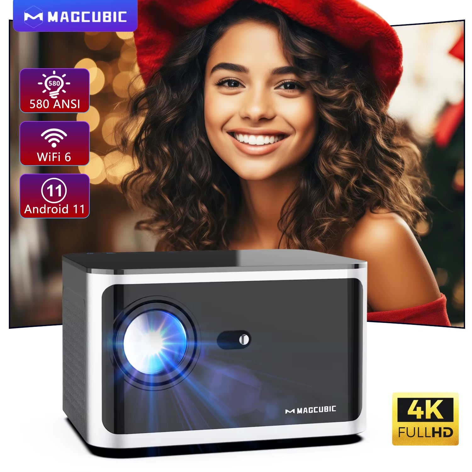 HY350 Pro 580 ANSI Lumens 4K Projector with Android 11, WiFi 6, Voice Control, Allwinner H713, and Bluetooth 5.0 for Home Cinema